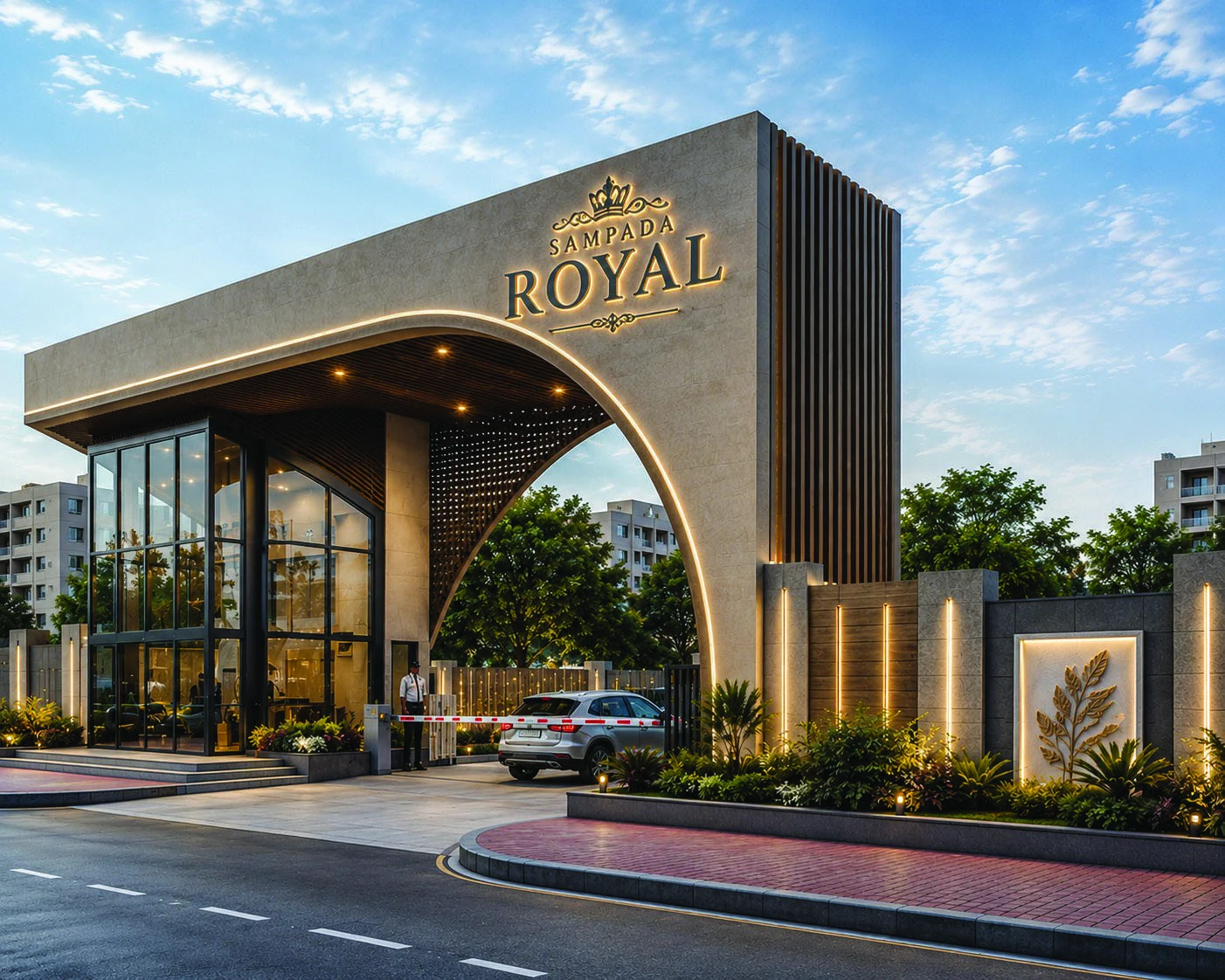Sampada Royal entrance ka brochure concept visual; actual site photo nahi