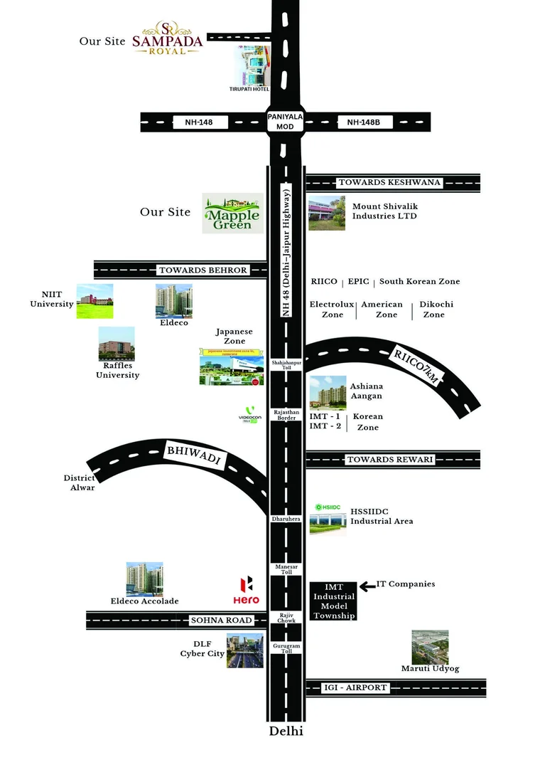Sampada Royal brochure ka Delhi–Jaipur NH-48 location map, Paniyala Mod aur wider corridor connections